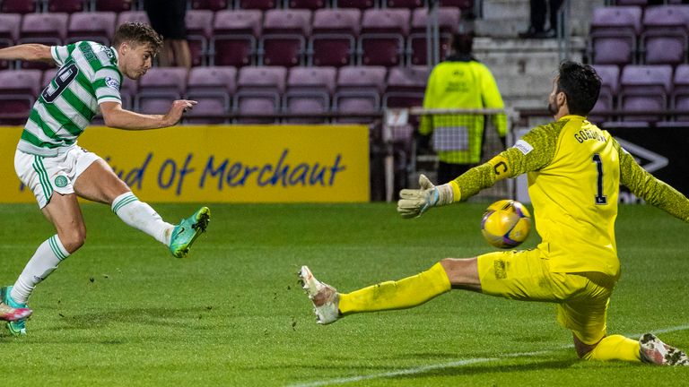EDINBURGH, SCOTLAND - JULY 31:Hearts' Craig Gordon makes a save from James Forrest during a cinch Premiership match between Hearts and Celtic at Tynecastle Park , on July 31, 2021, in Edinburgh, Scotland. (Photo by Craig Williamson / SNS Group)