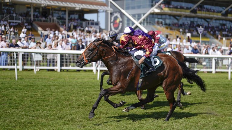 Gubbass, near side, wins the Super Sprint Stakes at Newbury