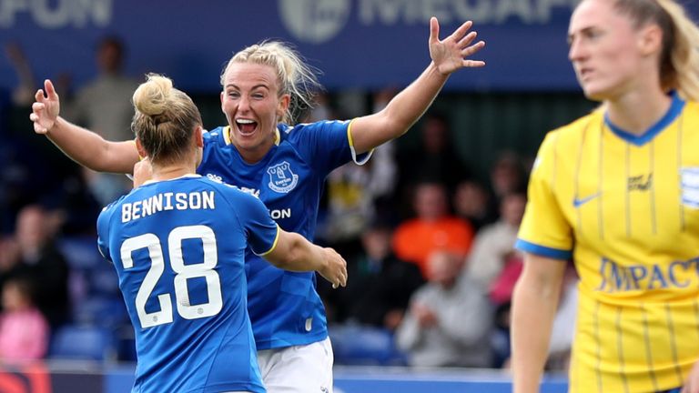 Hanna Bennison celebrates after scoring Everton&#39;s second goal with Toni Duggan