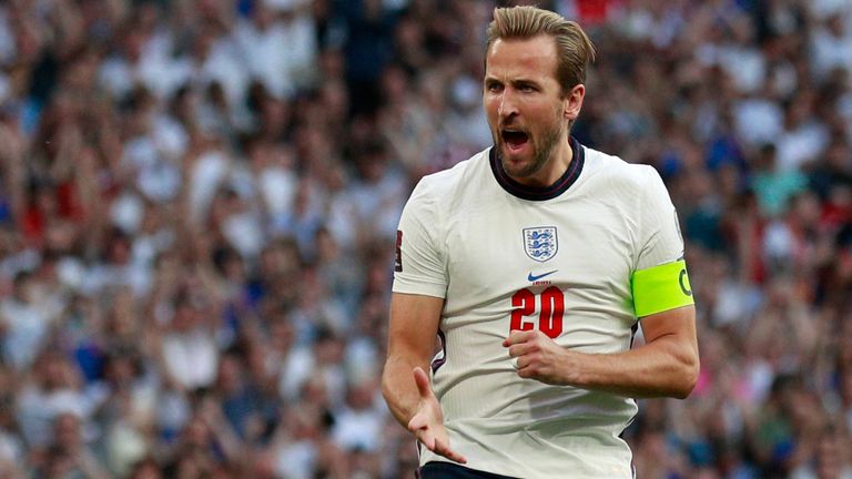 Harry Kane celebrates putting England 2-0 up from the penalty spot against Andorra