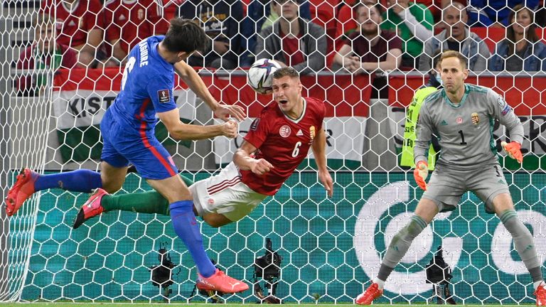 Harry Maguire heads at goal during the first half of Hungary vs England