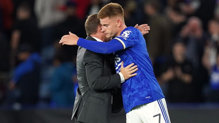 Harvey Barnes embraces Brendan Rodgers after the game