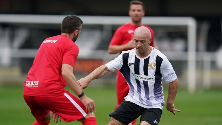 Head for Change's Nicky Parnaby (left) and Team Solan's Parker feature during the Head for Change and the Solan Connor Fawcett Trust charity match at Spennymoor Town FC