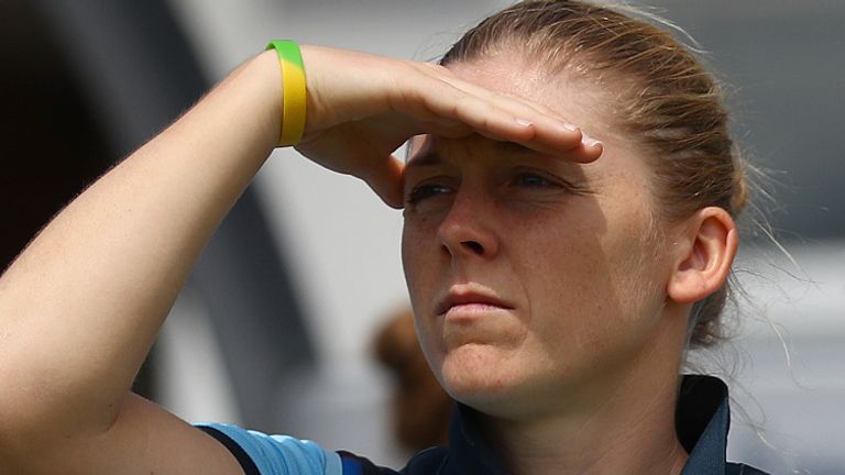Heather Knight of England looks on during the 1st Royal London Women's ODI between England and Australia at Fischer County Ground on July 02, 2019 in Leicester, England