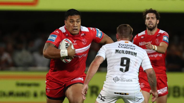 Hull KR prop Albert Vete takes on the Catalans defence
