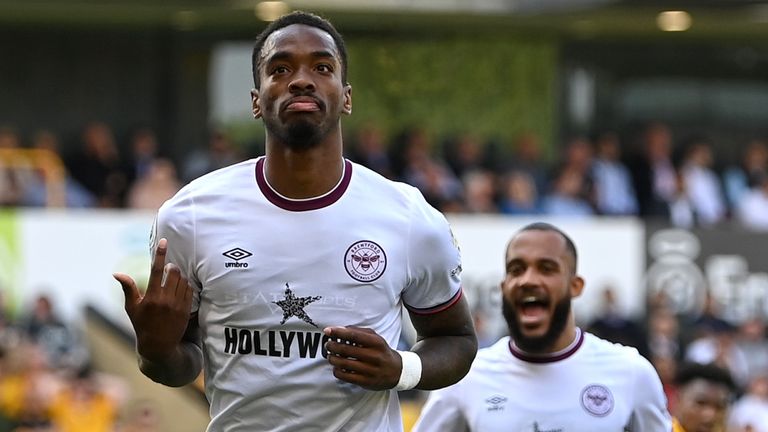 Ivan Toney celebrates after scoring his penalty in Brentford's 2-0 win at Wolves