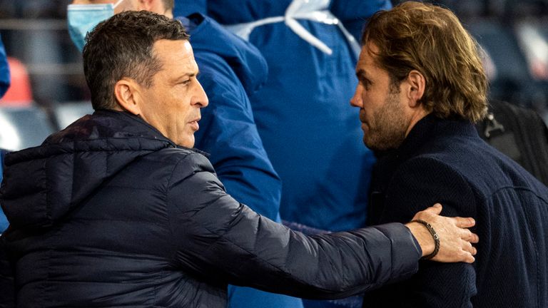 GLASGOW, SCOTLAND - OCTOBER 31: Hibs Manager Jack Ross shakes hands with Robbie Neilson during a Scottish Cup semi-final match between Hearts and Hibernian at Hampden Park, on October 31, 2020, in Glasgow, Scotland. (Photo by Ross Parker / SNS Group)