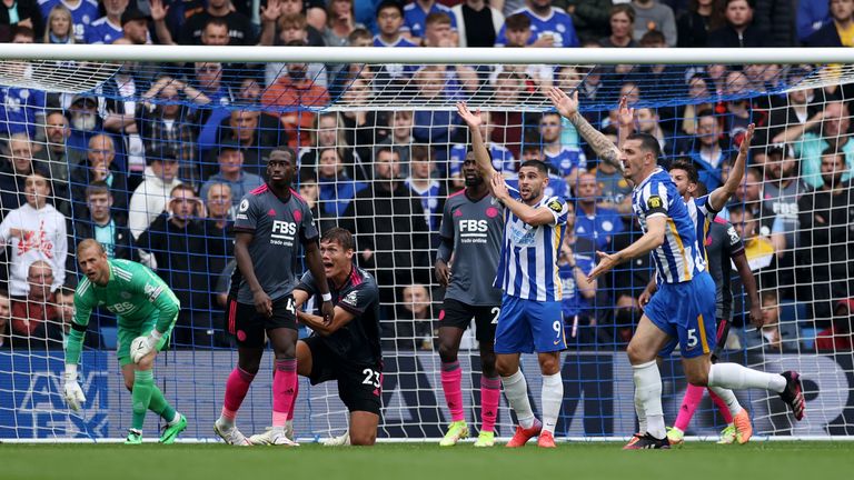 Brighton players appeal for a handball by Jannik Vestergaard of Leicester City