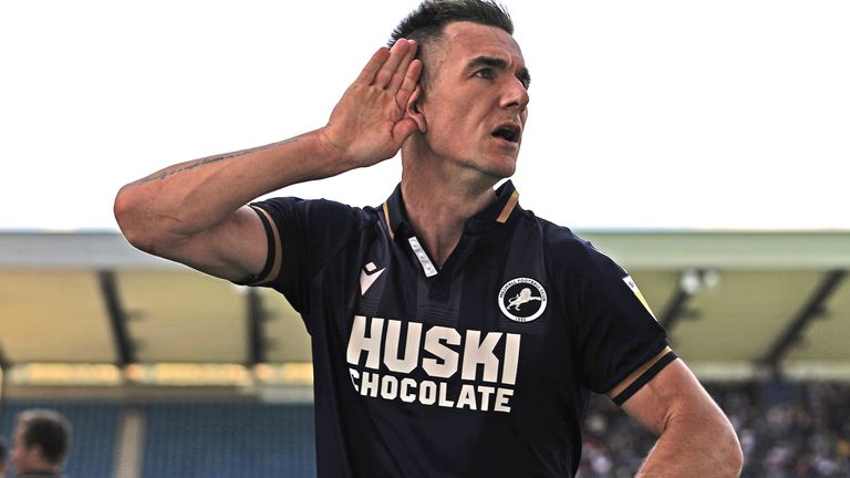 Millwall's Jed Wallace celebrates scoring his side's first goal during the Sky Bet Championship match against Blackburn at The Den, London.  Picture date: Saturday August 14, 2021.