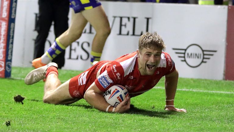 Jimmy Keinhorst celebrates going over for Hull KR's third try