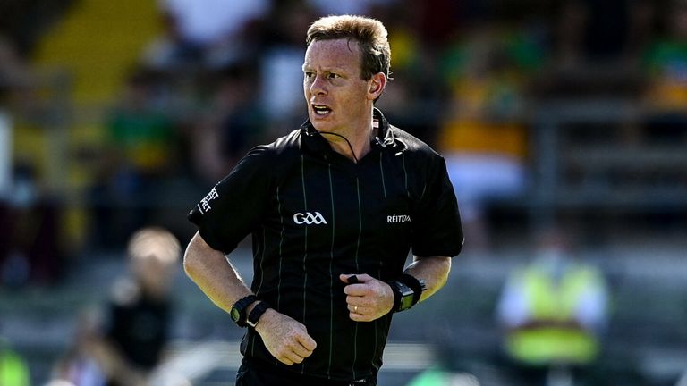 18 July 2021; Referee Joe McQuillan during the Ulster GAA Football Senior Championship Semi-Final match between Donegal and Tyrone at Brewster Park in Enniskillen, Fermanagh. Photo by Sam Barnes/Sportsfile