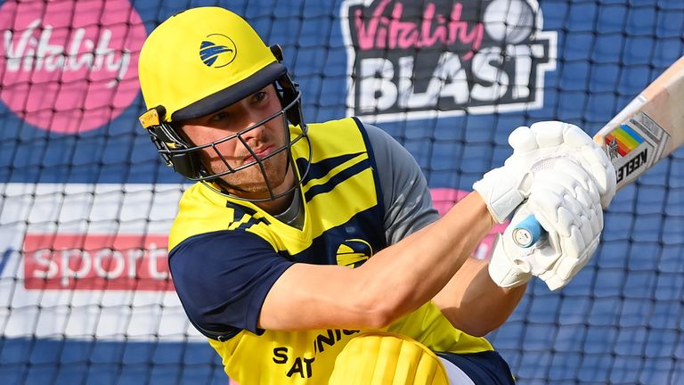 Joe Weatherley of Hampshire bats during a Hampshire Net session ahead of Vitality T20 Blast Finals Day at Edgbaston on September 17, 2021