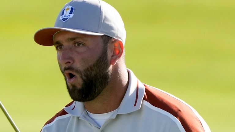 Team Europe's Jon Rahm reacts to his putt on the 10th hole during a four-ball match the Ryder Cup at the Whistling Straits Golf Course Saturday, Sept. 25, 2021, in Sheboygan, Wis. (AP Photo/Charlie Neibergall)