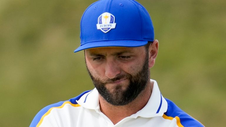 Team Europe's Jon Rahm reacts after missing a putt on the 10th hole during a Ryder Cup singles match at the Whistling Straits Golf Course Sunday, Sept. 26, 2021, in Sheboygan, Wis. (AP Photo/Ashley Landis)