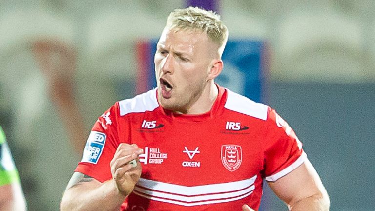 Picture by Allan McKenzie/SWpix.com - 16/04/2021 - Rugby League - Betfred Super League Round 3 - Hull KR v Huddersfield Giants - Hull College Craven Park, Hull, England - Hull KR's Jordan Abdull kicks the ganme-winning drop goal against Huddersfield.