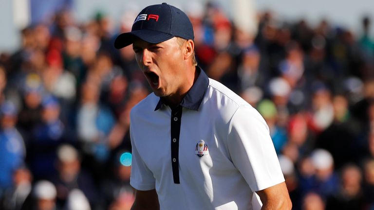 Jordan Spieth of the US reacts after making a birdie put on the 14th green during his foursome match on the second day of the 2018 Ryder Cup 