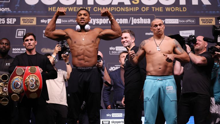 Anthony Joshua and Oleksander Usyk Weigh In ahead of their World Heavyweight Title clash tomorrow night at the Tottenham Hotspur Stadium in London.24 September 2021.Picture By Ian Walton Matchroom Boxing..The fighters face off. 