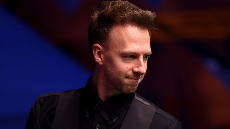 Judd Trump of England reacts during the Betfred World Snooker Championship Round Two match between David Gilbert of England and Judd Trump of England at Crucible Theatre on April 25, 2021 in Sheffield, England. A maximum of 50% of the venue capacity is allowed to open for spectators as part of a Government pilot event. (Photo by George Wood/Getty Images)