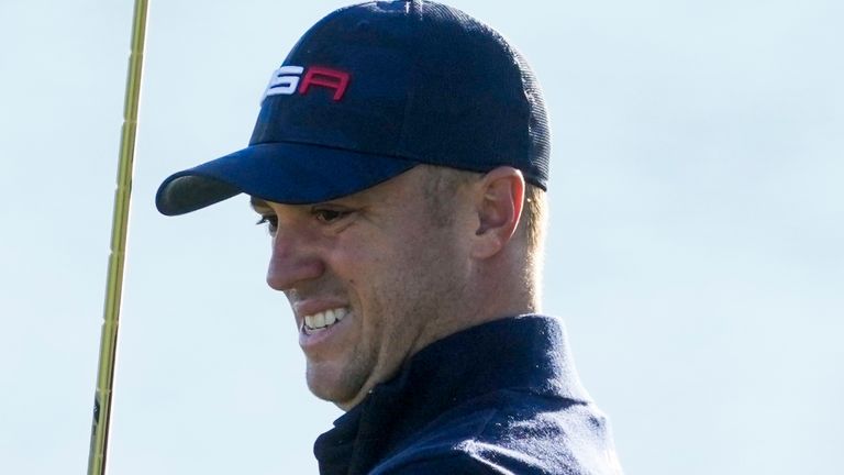 Team USA's Justin Thomas watches his putt on the third hole during a foursomes match the Ryder Cup at the Whistling Straits Golf Course Saturday, Sept. 25, 2021, in Sheboygan, Wis. (AP Photo/Charlie Neibergall)