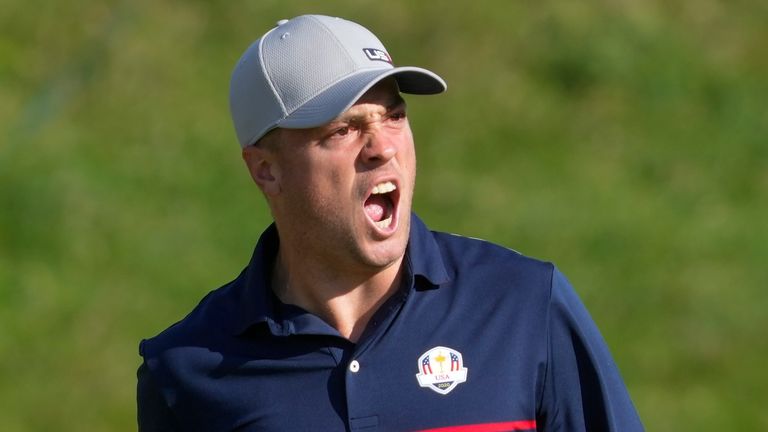 Team USA's Justin Thomas reacts to his birdie putt during a four-ball match the Ryder Cup at the Whistling Straits Golf Course Friday, Sept. 24, 2021, in Sheboygan, Wis. (AP Photo/Charlie Neibergall)