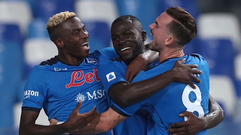 Kalidou Koulibaly celebrates Napoli's win over Juve