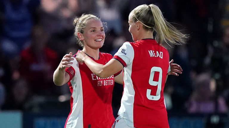 Kim Little celebrates her goal with Beth Mead