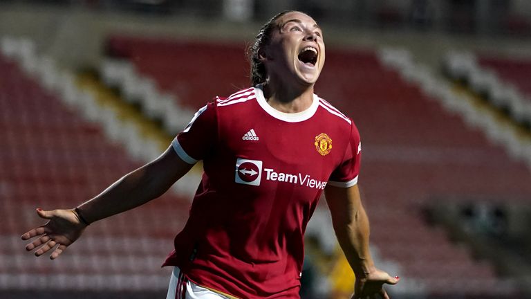 Kirsty Hanson celebrates giving Manchester United the lead against Reading in the WSL opener