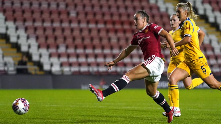 Kirsty Hanson scores the first goal of the WSL season to put Manchester United ahead against Reading