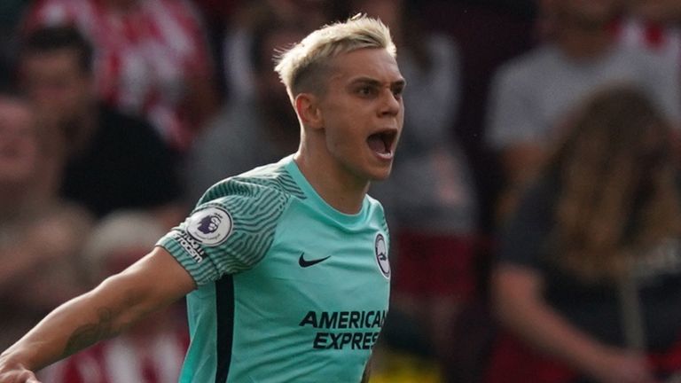 Leandro Trossard celebrates scoring against Brentford