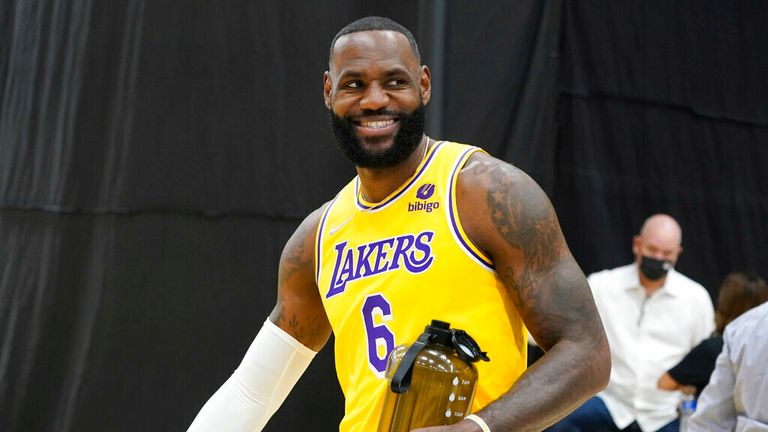 Los Angeles Lakers forward LeBron James smiles during the NBA basketball team&#39;s Media Day Tuesday, Sept. 28, 2021, in El Segundo, Calif. (AP Photo/Marcio Jose Sanchez)