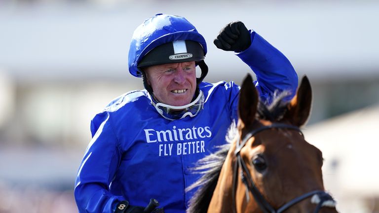 Gary Bardwell celebrates victory on Natural Colour in the Leger Legends race at Doncaster