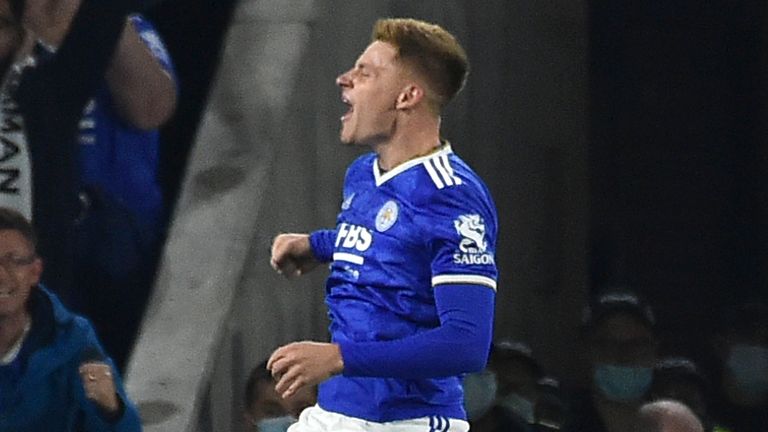 Leicester's Harvey Barnes celebrates after scoring his side's second goal during the Europa League Group C match between Leicester City and Napoli at the King Power Stadium 