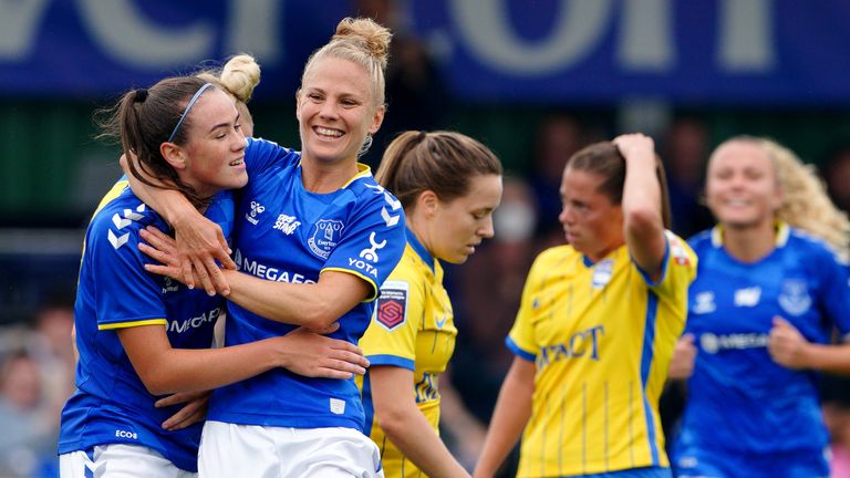 Everton's Leonie Maier (centre, right) celebrates scoring the opening goal