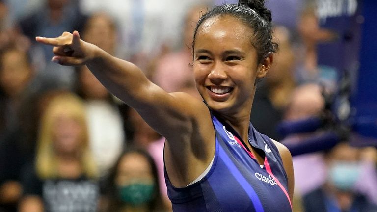 Leylah Fernandez, of Canada, reacts after defeating Aryna Sabalenka,of Belarus, during the semifinals of the US Open tennis championships, Thursday, Sept. 9, 2021, in New York. (AP Photo/Seth Wenig)