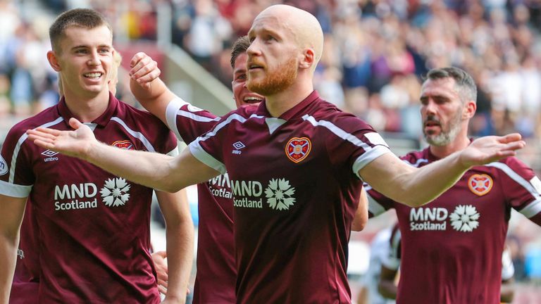 EDINBURGH, SCOTLAND - SEPTEMBER 25: Hearts' Liam Boyce celebrates after making it 2-0 during a cinch Premiership match between Heart of Midlothian and Livingston at Tynecastle park, on September 25, 2021, in Edinburgh, Scotland. (Photo by Alan Harvey / SNS Group)