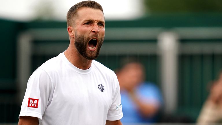Liam Broady celebrates a point against Diego Schwartzman on court 12 on day three of Wimbledon at The All England Lawn Tennis and Croquet Club, Wimbledon. Picture date: Wednesday June 30, 2021.