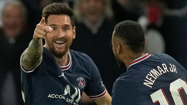 PSG's Lionel Messi, left, celebrates with Neymar after scoring his side's second goal during the Champions League Group A soccer match between Paris Saint-Germain and Manchester City at the Parc des Princes