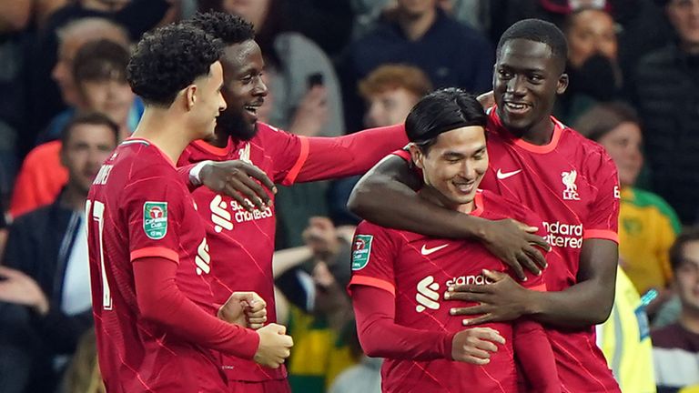 Liverpool celebrate a goal in the Carabao Cup vs Norwich