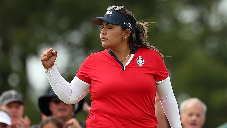 Lizette Salas of Team USA reacts to her putt on the second green during the Foursomes Match on day one of the Solheim Cup at the Inverness Club