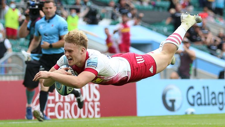 Harlequins v Exeter Chiefs - Gallagher Premiership - Final - Twickenham Stadium
Harlequins' Louis Lynagh dives to score a try during the Gallagher Premiership final at Twickenham Stadium, London. Picture date: Saturday June 26, 2021.