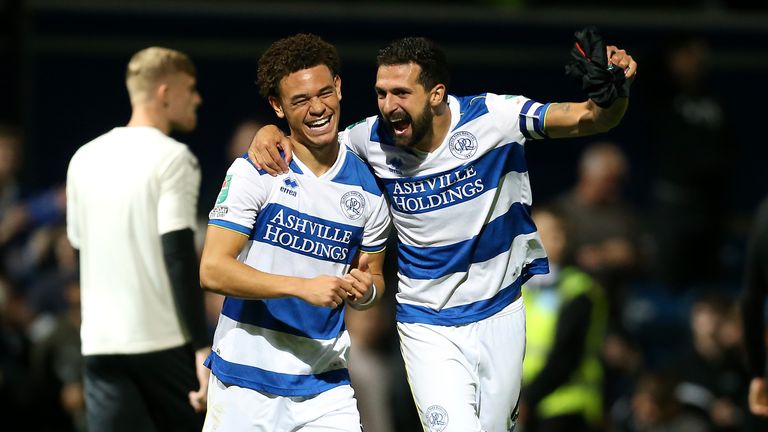 Luke Amos and Yoann Barbet celebrate QPR's shootout win