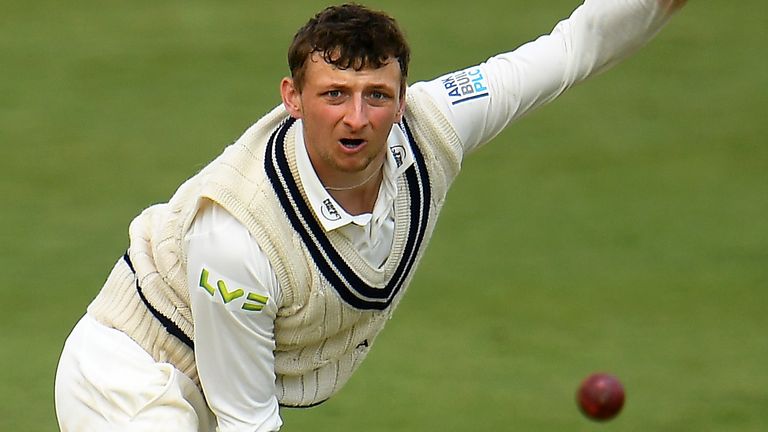 Luke Hollman of Middlesex in bowling action during Day Three of the LV= Insurance County Championship match between Somerset and Middlesex at The Cooper Associates County Ground on May 01, 2021 in Taunton, England
