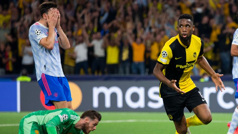 Young Boys' Jordan Pefok, center, celebrates after scoring during of the Champions League group F soccer match between BSC Young Boys and Manchester United