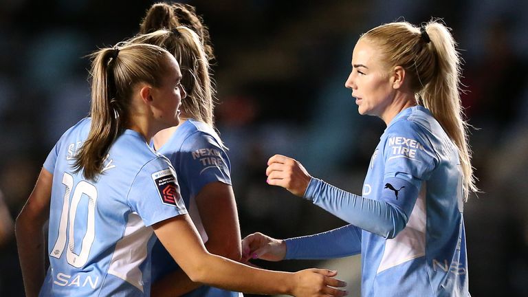 Alex Greenwood of Manchester City celebrates with Georgia Stanway
