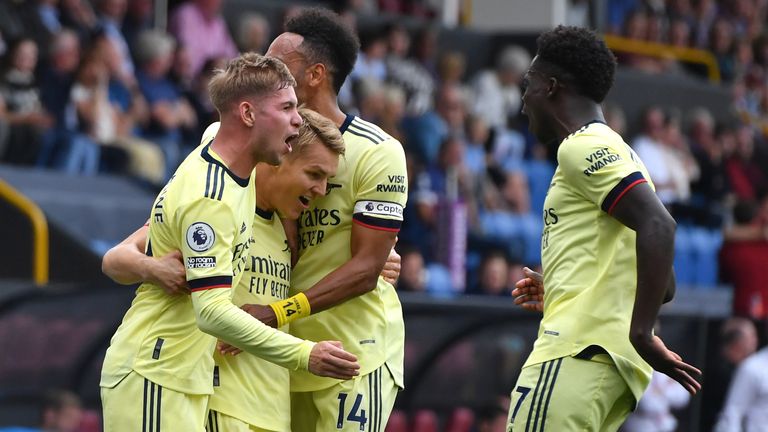 Martin Odegaard celebrates after giving Arsenal the lead with a stunning free-kick