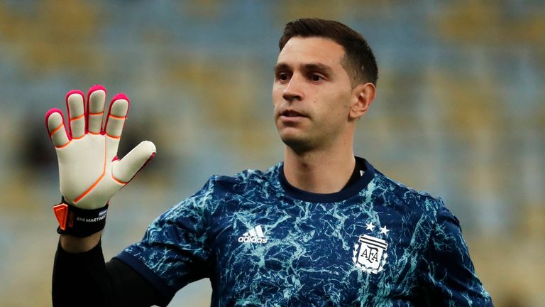 Argentina's goalkeeper Emiliano Martinez warms up prior to the Copa America final soccer match at the Maracana stadium in Rio de Janeiro, Brazil, Saturday, July 10, 2021. (AP Photo/Bruna Prado)