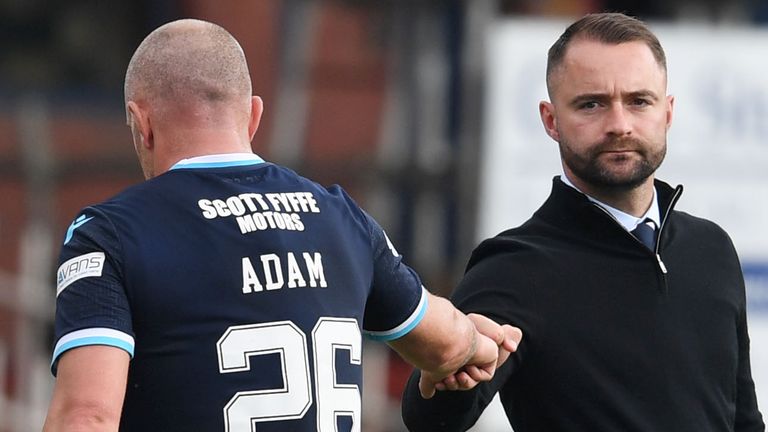 DUNDEE, SCOTLAND - AUGUST 22: Dundee manager James McPake (right) with Charlie Adam during a cinch Premiership match between Dundee and Hibernian at Dens Park, on August 22, 2021, in Dundee, Scotland. (Photo by Craig Foy / SNS Group)