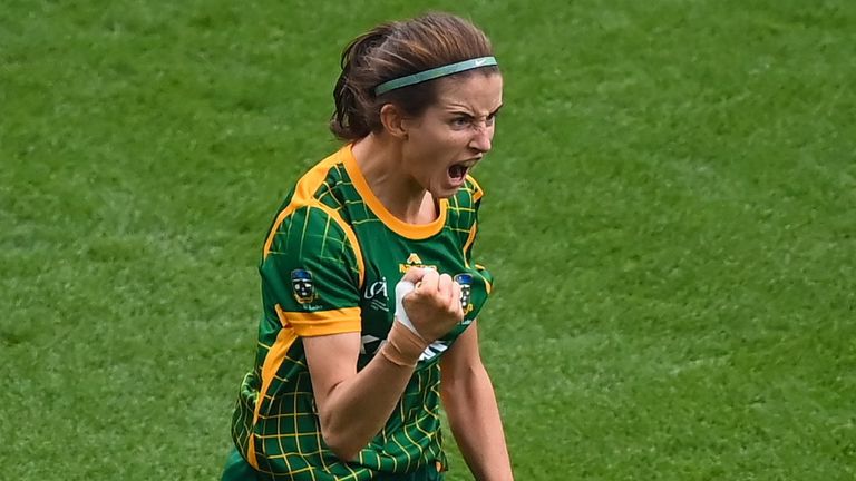 5 September 2021; Niamh O'Sullivan of Meath celebrates scoring a point during the TG4 All-Ireland Ladies Senior Football Championship Final match between Dublin and Meath at Croke Park in Dublin. Photo by Stephen McCarthy/Sportsfile 