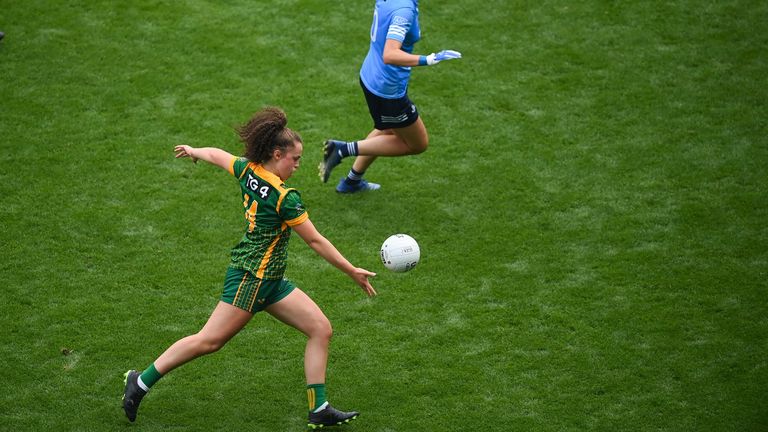 5 September 2021; Emma Duggan of Meath shoots to score her side's first goal during the TG4 All-Ireland Ladies Senior Football Championship Final match between Dublin and Meath at Croke Park in Dublin. Photo by Stephen McCarthy/Sportsfile 