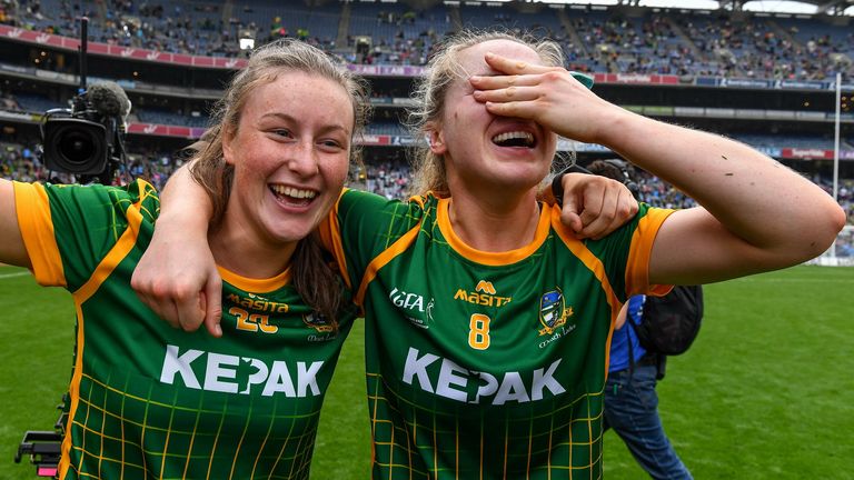 5 September 2021; Meath players Ali Sherlock, left, and Orlagh Lally celebrate after their side's victory in the TG4 All-Ireland Ladies Senior Football Championship Final match between Dublin and Meath at Croke Park in Dublin. Photo by Piaras .. M..dheach/Sportsfile 